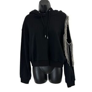Area‎ Shoulder Cut Out Rhinestone Embellished Fringe Pullover Hoodie Black Large